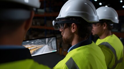 A logistics team using virtual reality to simulate and plan warehouse layouts and transportation routes