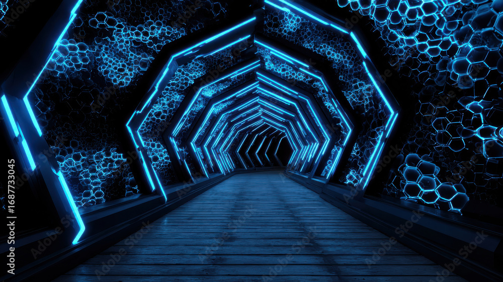 Poster futuristic tunnel featuring glowing blue lights and hexagonal patterns creates captivating atmospher