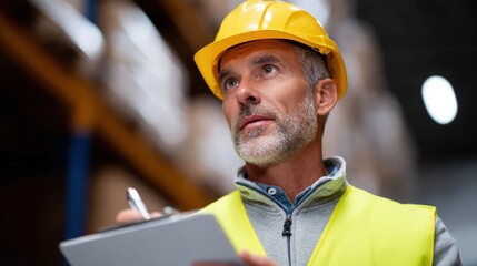 A warehouse manager inspecting goods and checking shipment labels for accuracy in a large distribution center