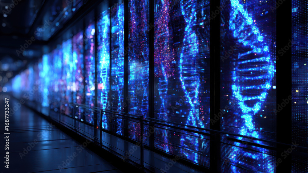 Poster futuristic dna database system displays vibrant digital patterns showcasing genetic information in h