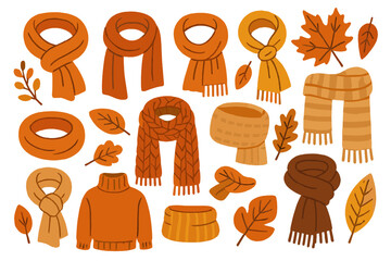 Scarf Styles and Leaves. Vector layout with stylized illustrations of scarf tying styles, various cozy neckwear options and autumn