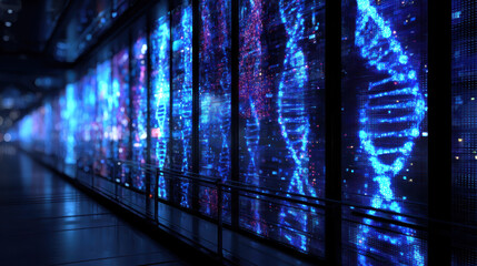 Futuristic dna database system displays vibrant digital patterns showcasing genetic information in high tech environment