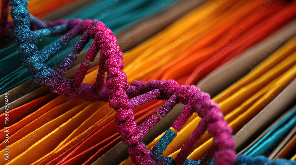 Poster vibrant dna structure intertwines with colorful files, showcasing unique database system for genetic