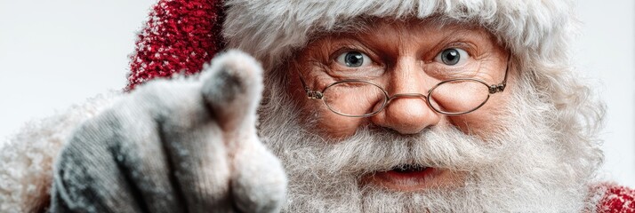 Cheerful Santa Claus pointing forward with a warm smile during festive season celebration