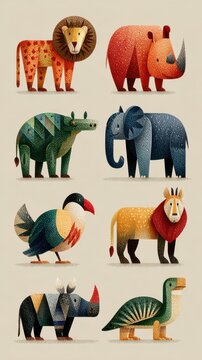 Fototapeta Colorful illustrations of wild animals showcasing diversity and creativity in design from a unique artistic perspective