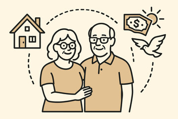 Retirement Simplified. Vector layout of couple downsizing home for retirement with icons of small house, cash, and freedom.