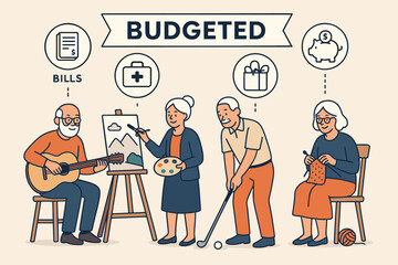 Retirees' Budgeted Hobbies. Vector art of retirees enjoying hobbies with expense icons labeled “budgeted,” reflecting smart