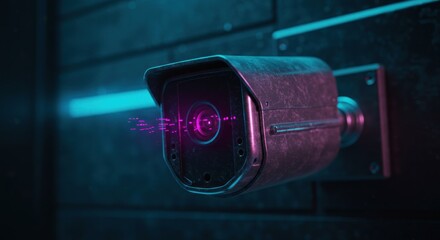 A security camera mounted on a dark brick wall, illuminated by vibrant neon lights.