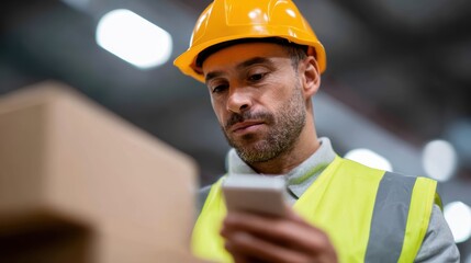 A warehouse employee scanning barcodes on parcels for inventory management in a brightly lit facility