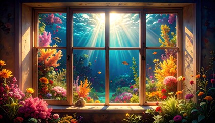 Enchanting Underwater Window View with Vibrant Coral Reef and Sunbeams.