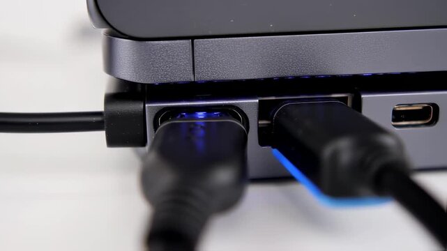 Connectivity options on modern devices, showcasing usb, hdmi and power ports on gray equipment