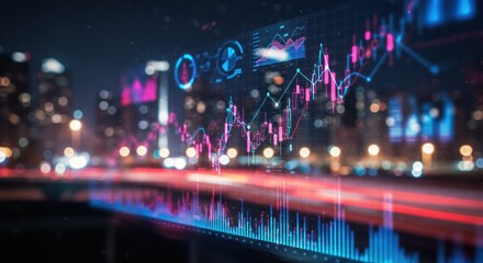 Digital financial data visualization overlayed on a blurred cityscape at night, showcasing market trends.