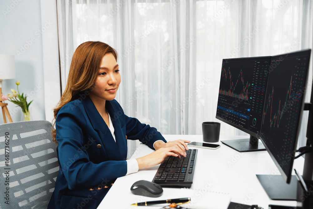 Poster analyzing successful in beautiful asian businesswoman looking at dynamic stock exchange data compute