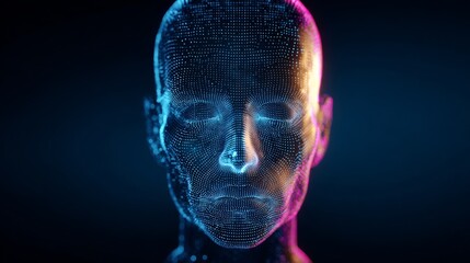 Computer generated face with a blue and purple background. The face is in a 3D format and he is looking down