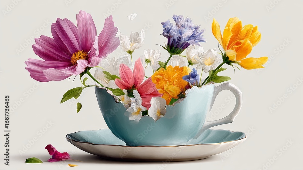 Poster blue cup with flowers in it is on a white background. the flowers are of different colors and sizes,