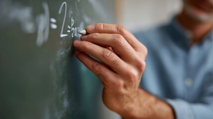 Teacher writing equations on chalkboard, focus on hands