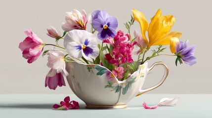 White flower vase with a broken handle and a colorful bouquet of flowers inside. The flowers are purple, pink, and yellow. The vase is placed on a table