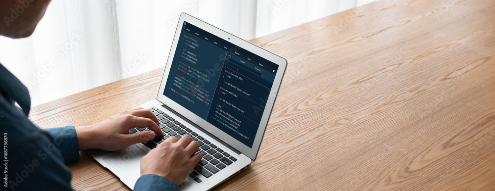 Aufkleber software development programming on computer screen for modish application and program coding