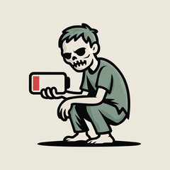 Exhausted Cartoon Zombie Holding Low Battery Icon – Energy Drain Illustration