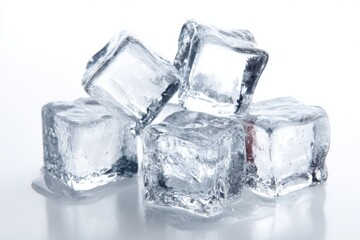 Obraz premium Clear ice cubes with gentle caustics on seamless white, bright studio light and open copy space.