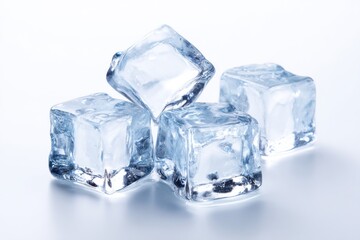 Clear ice cubes with gentle caustics on seamless white, bright studio light and open copy space.