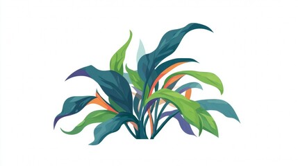 Colorful tropical leaves illustration with green, blue, and orange hues.