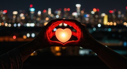 Hands forming a heart shape around a glowing heart with a blurred city skyline in the background.