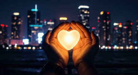 Hands holding a glowing heart shape against a backdrop of a city at night.