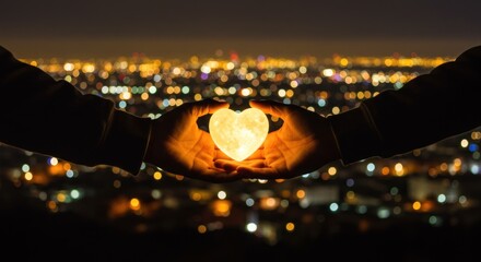 Silhouetted hands gently cradle a glowing heart-shaped light against a blurred cityscape backdrop at night.