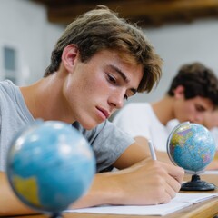 Students participating in a geography quiz with globes on each desk