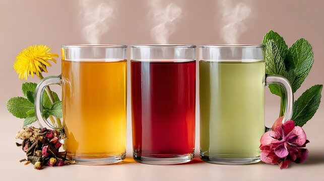 Three cups of tea with steam coming out of them. The cups are arranged in a row and have different colored liquids. The cups are surrounded by flowers and leaves, giving the impression of a relaxing