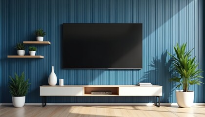 Modern minimalist living room features sleek flat-screen TV mounted on textured blue wall. Clean-lined white media console with wooden accents sits below, holding media player. Two floating shelves
