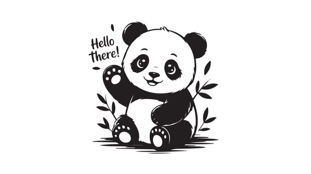 Adorable cartoon panda bear waving hello amidst stylized bamboo leaves