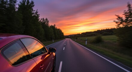 Red car drives towards a vibrant sunset on a long, winding road through a tranquil forest.