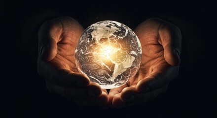 Glowing Earth cradled in protective hands, symbolizing global care and responsibility.