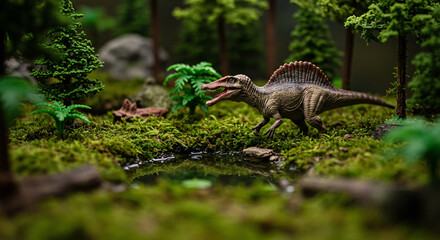 Obraz premium Dinosaur Figurine in a Miniature Forest Landscape with Pond