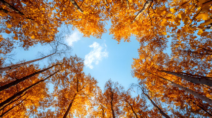 Autumn Trees and Leaves Against Blue Sky: Vibrant Scenic Nature Photography