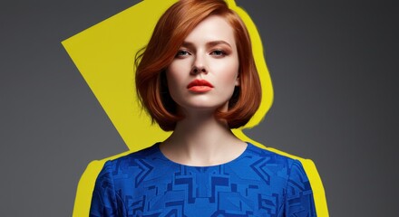 A woman with red hair and blue dress posing against a yellow and gray background.
