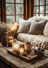 Christmas scene, cozy hygge living room, soft knitted blankets, lit candles, natural wooden decorations, steaming mugs of cocoa, calm and peaceful holiday mood.