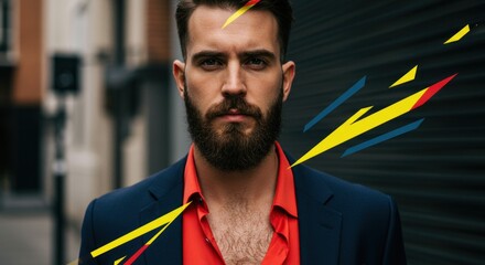 Urban portrait of a man with a stylish beard and vibrant clothing, set against a backdrop of dynamic abstract shapes.
