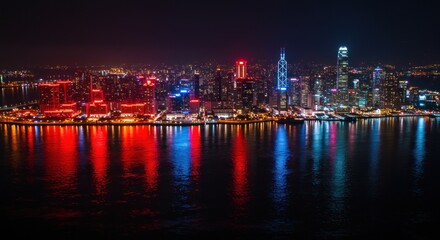A cityscape at night, with vibrant red and blue lights reflecting on the water, creating a stunning urban scene.