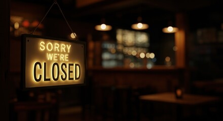 A closed pub sign hangs in the dark interior of a restaurant.
