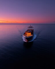 Naklejka premium A large freight ship navigating through a calm sea with a clear horizon at sunset