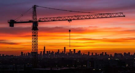 Silhouetted construction crane against a vibrant sunset cityscape.