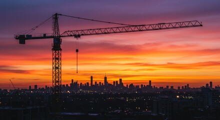 A towering construction crane silhouetted against a vibrant, colorful sunset over a city skyline.
