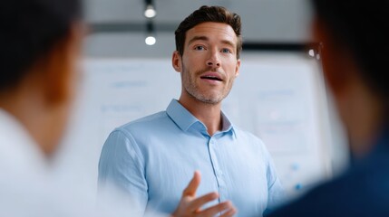 A logistics analyst presenting supply chain optimization strategies to a team in a modern office