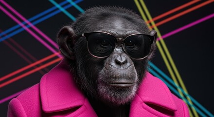 A stylish chimpanzee in sunglasses and a pink coat poses against a vibrant, multicolored backdrop.