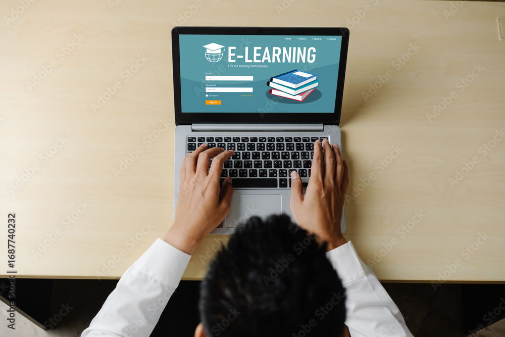 Poster e-learning website with modish sofware for student to study online on the internet network