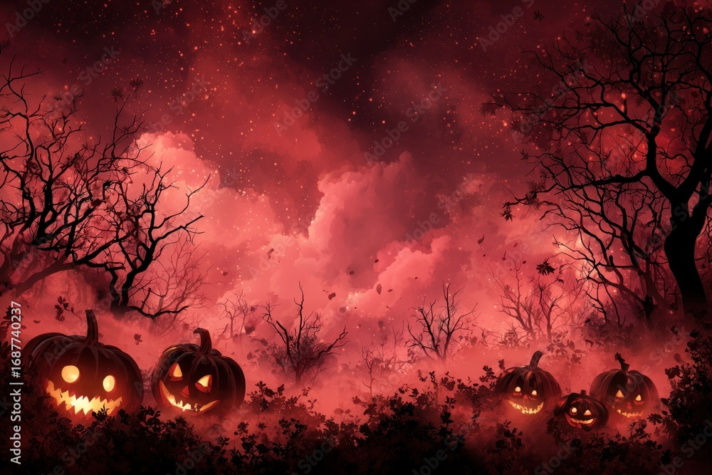 Poster halloween background with pumpkins, fog and dark trees on red sky, night scene with shining clouds a