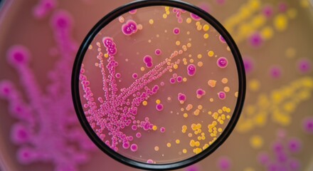 Close-up view of bacterial colonies, observed through a magnifying glass, showing various colors and patterns.